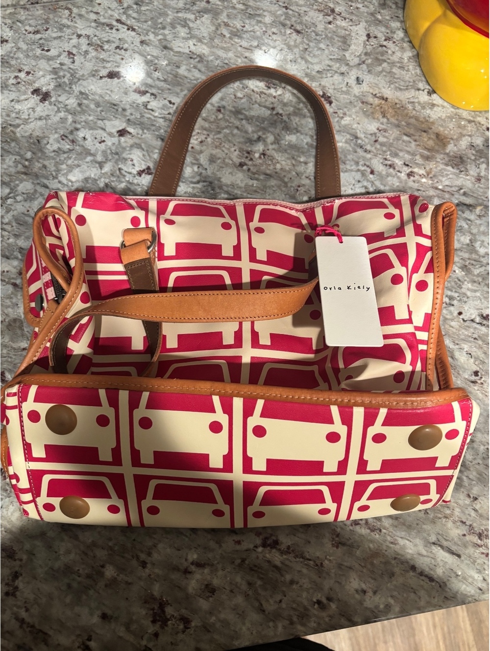 Orla Kiely "Car" print Pink and Cream Geometric Print Handbag w/Brown Trim NWT